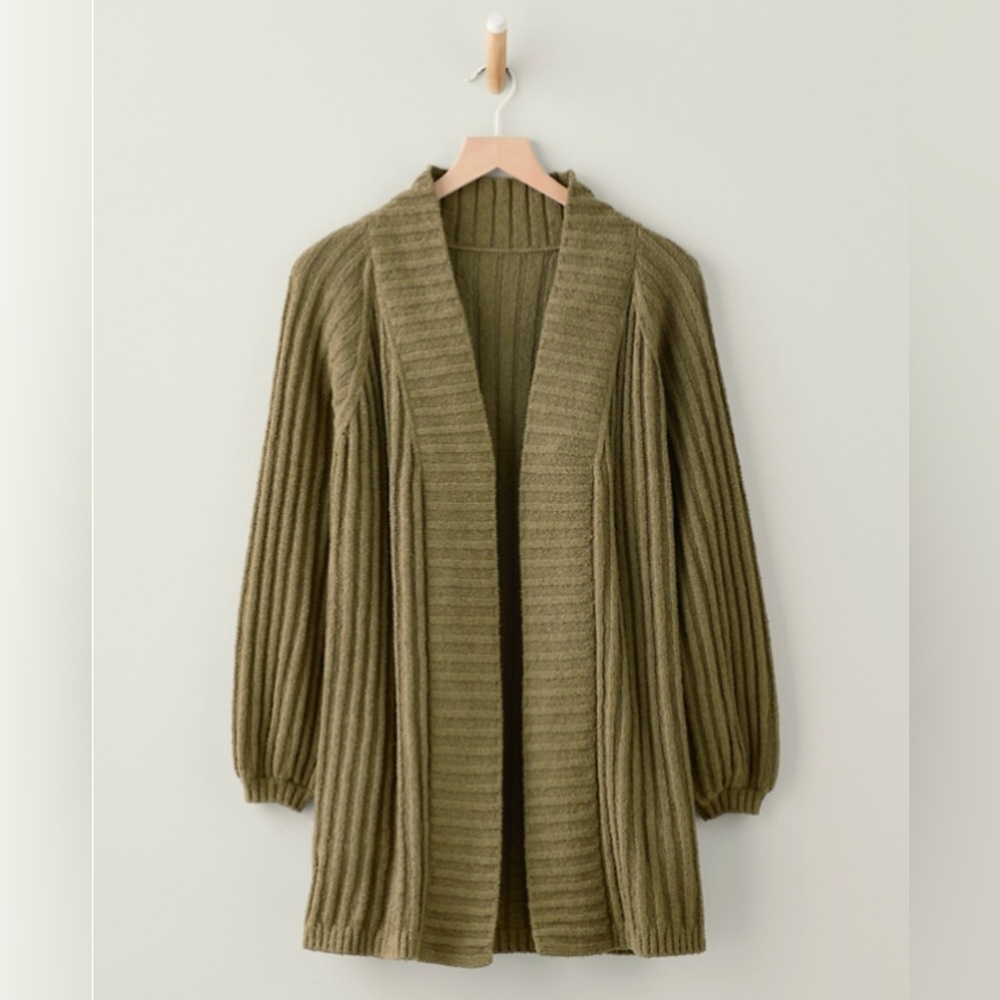 Garnet Hill Women’s Organic Cotton Rib Longline Open Front Cardigan Olive Green